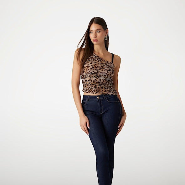 Damen Asymmetrisches Top mit Leopardenmuster und raffinierten Rüschen Echo Archiv
