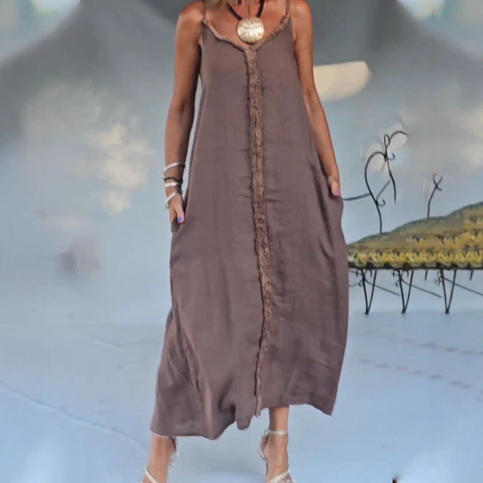 Damen nan luftiges Leinenoptik-Maxi-Trägerkleid mit fransiger Mittelnaht und Eingrifftaschen Echo Archiv