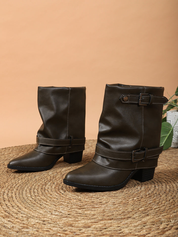 Damen halbhohe Stiefel mit dekorativen Schnallenriemen und Blockabsatz Echoarchiv