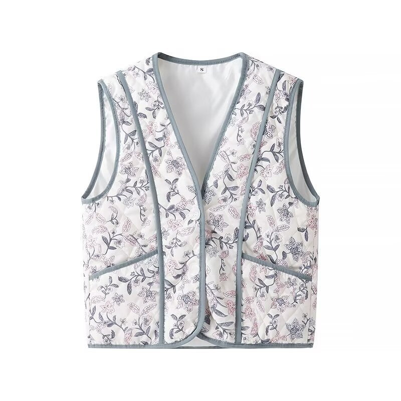 Damen Leicht gesteppte Steppweste mit floralem Print, V‑Ausschnitt und Eingrifftaschen Echo Archiv