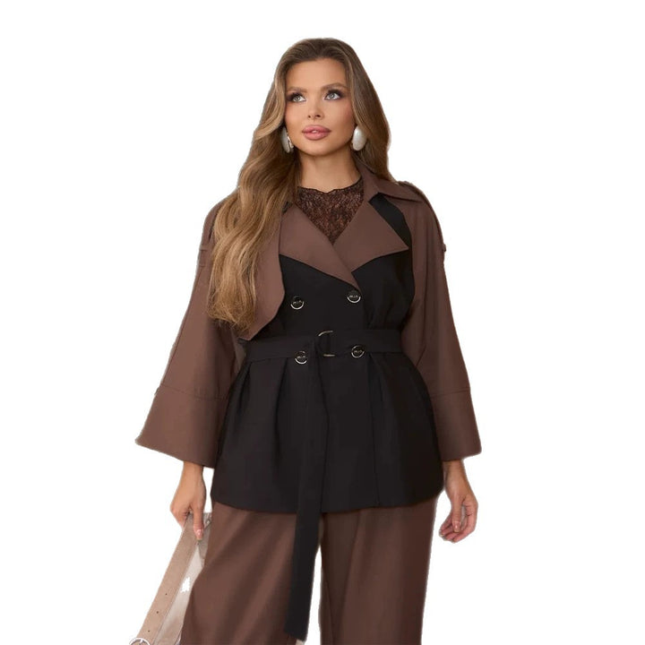 Damen Zweiteiliges Ensemble Taillierte Weste‑Blazer mit Bindegürtel und lockere Haremshose Echoarchiv