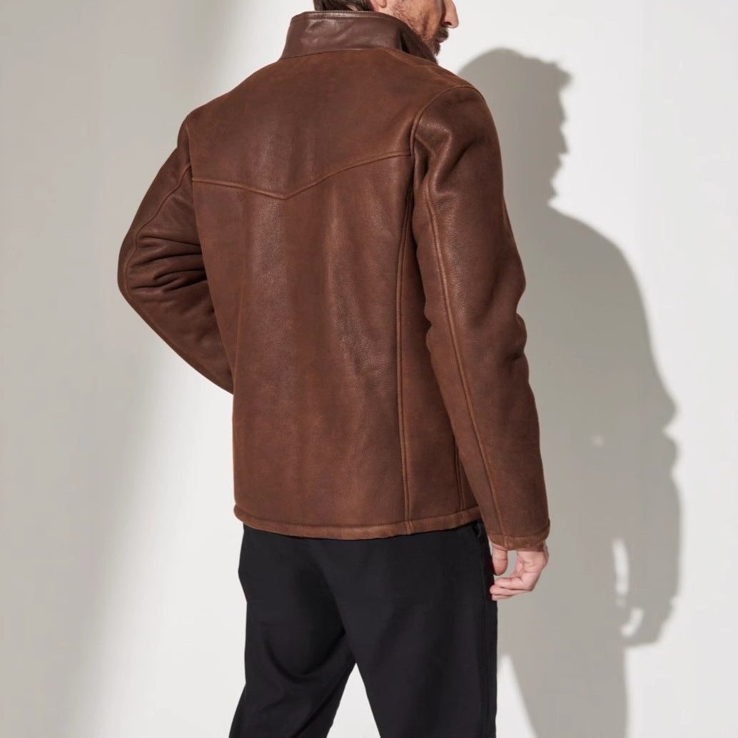 Herren Robuste Lederjacke mit Steppdetails und hohem Kragen Echoarchiv