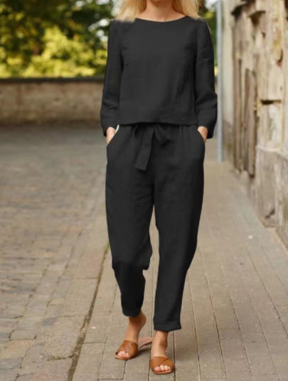 Damen Lässiges Leinen-Loungewear-Set mit Rundhalsausschnitt, Bindegürtel und knöchellanger Hose – Élanora