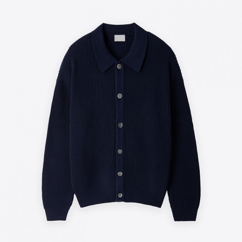 Unisex Grobgerippte Strickjacke mit Hemdkragen und durchgehender Knopfleiste Echoarchiv