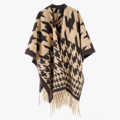 Damen Wollmix-Poncho mit Hahnentritt-Muster und Fransensaum – Célinea