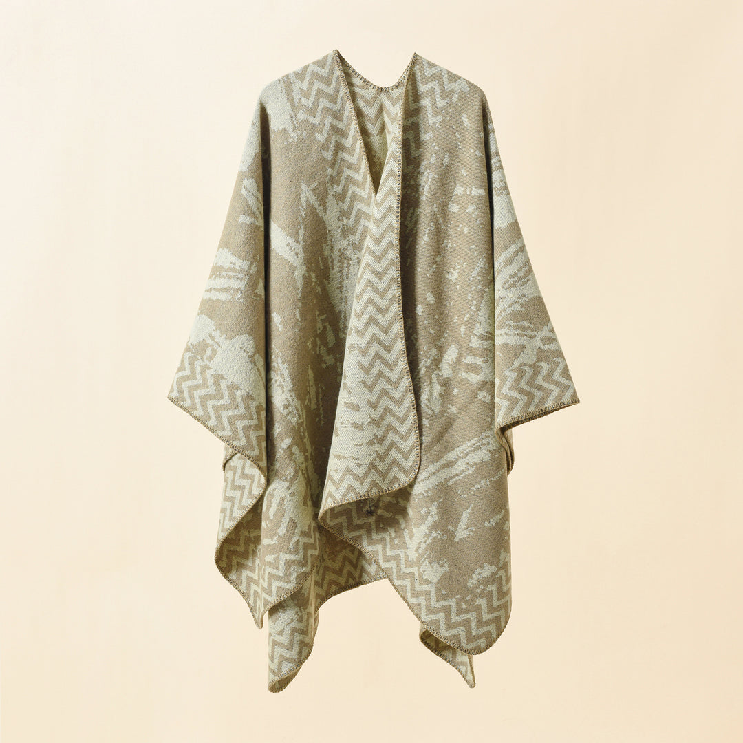 Damen Strick‑Ruana mit abstraktem Jacquard und Kettelsaum Echo Archiv