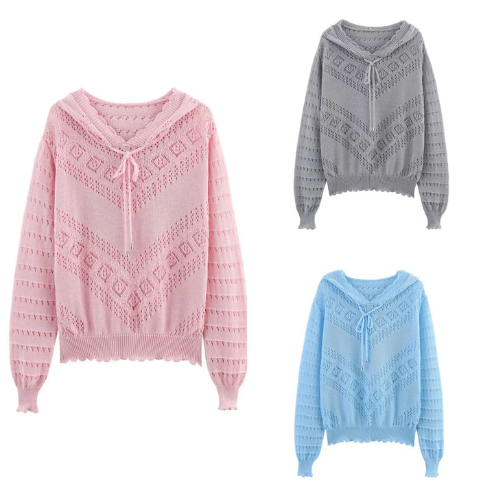 Damen nan Kapuzen-Strickpullover mit Ajourmuster, Tunnelzug und Ballonärmeln Echo Archiv