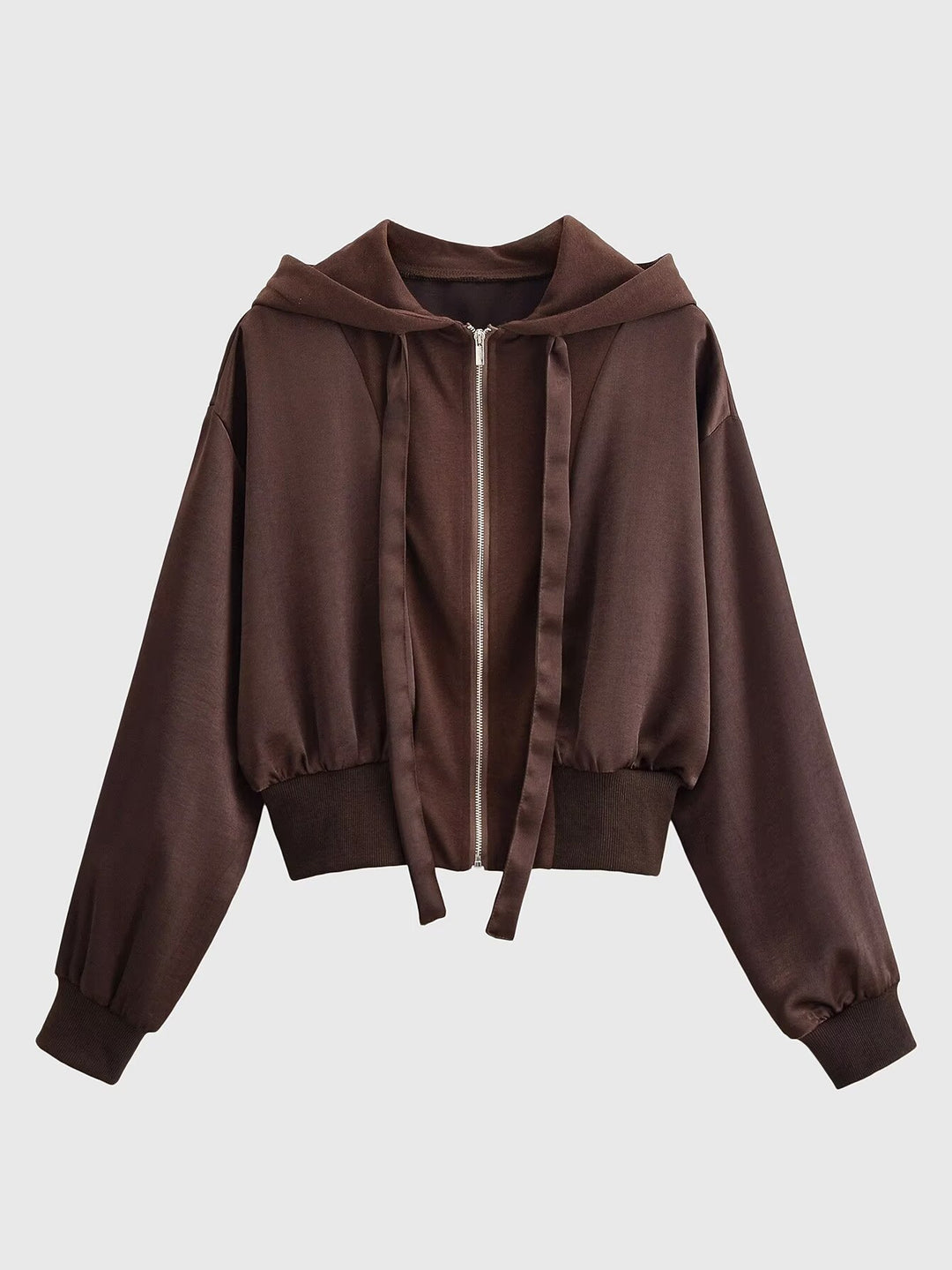 Damen Cropped Hoodie-Jacke mit durchgehendem Reißverschluss, breite Kapuze und taillierendem Rippbund Echoarchiv