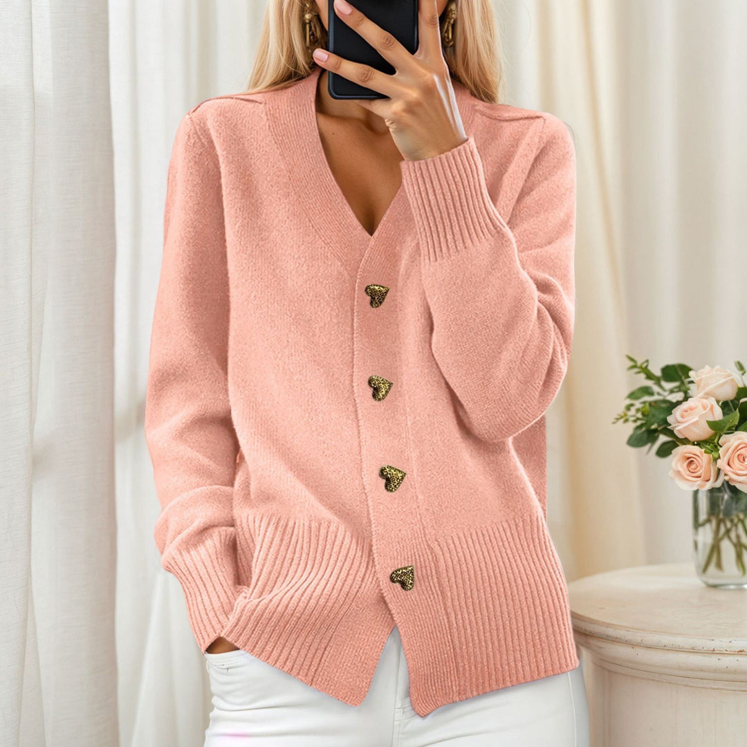 Damen nan lockerer Strickcardigan mit Herzknöpfen und geripptem Saum Echo Archiv