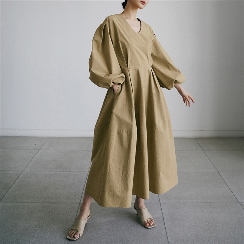 Damen Voluminöses Baumwollmix‑Maxikleid mit Ballonärmeln und gerafften Manschetten – Valéora