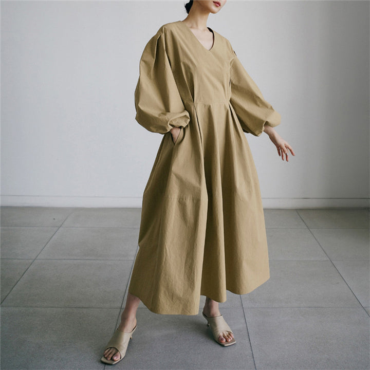 Damen Voluminöses Baumwollmix‑Maxikleid mit Ballonärmeln und gerafften Manschetten – Valéora