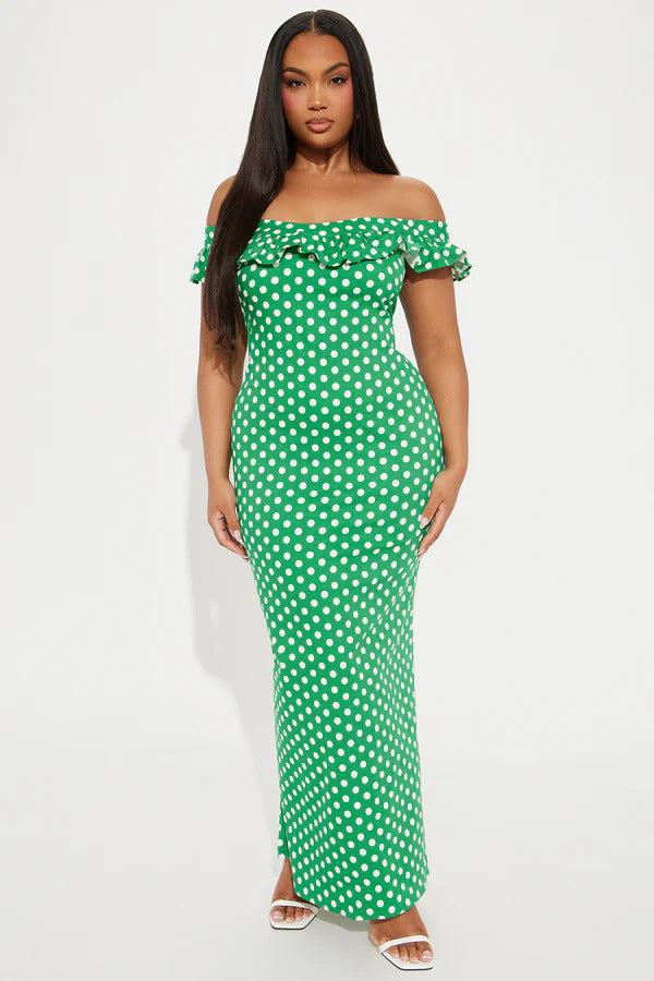 Damen Elegantes Maxikleid mit Rüschendetails und Polka-Dots Echo Archiv