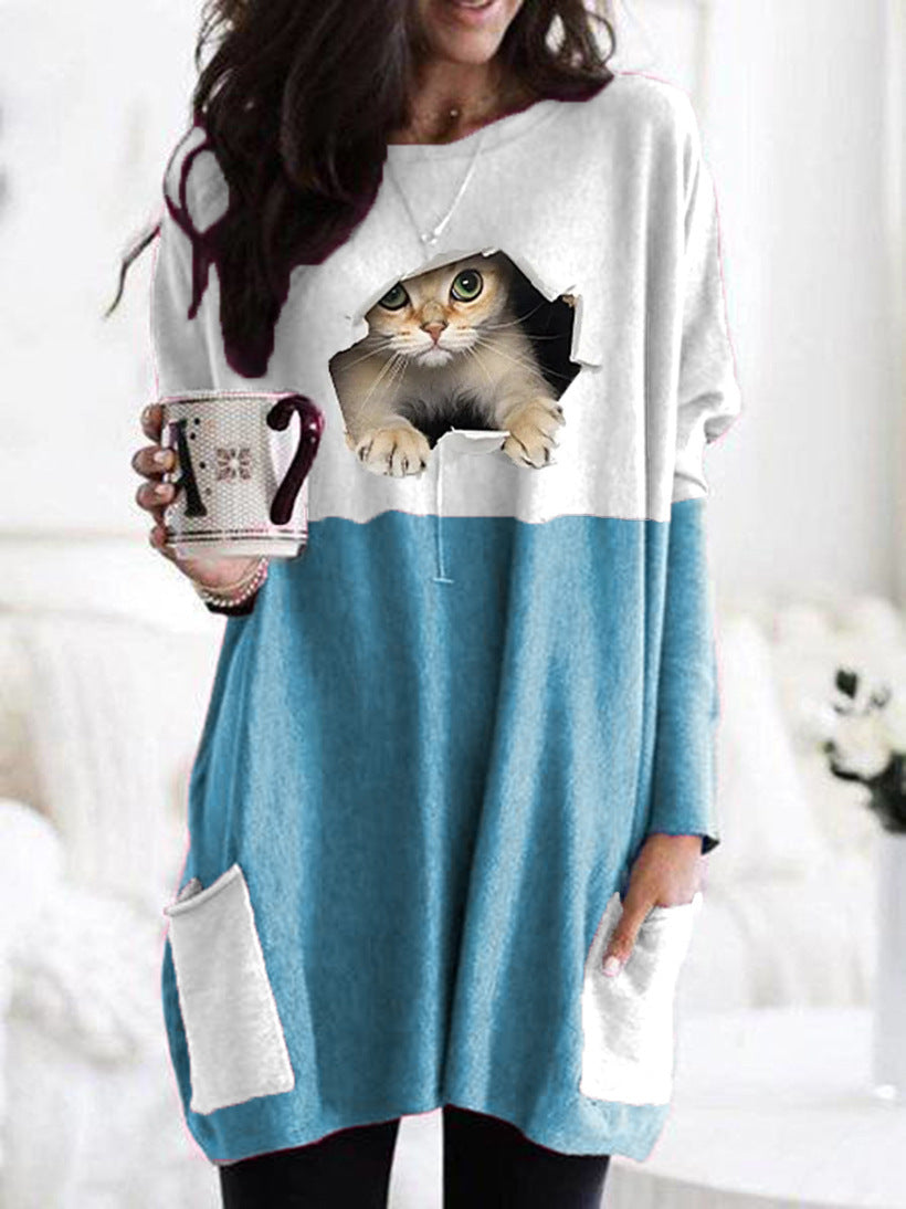 Frauen Längerer Colorblock Strickpullover mit Katzenmotiv und aufgesetzten Taschen Echoarchiv