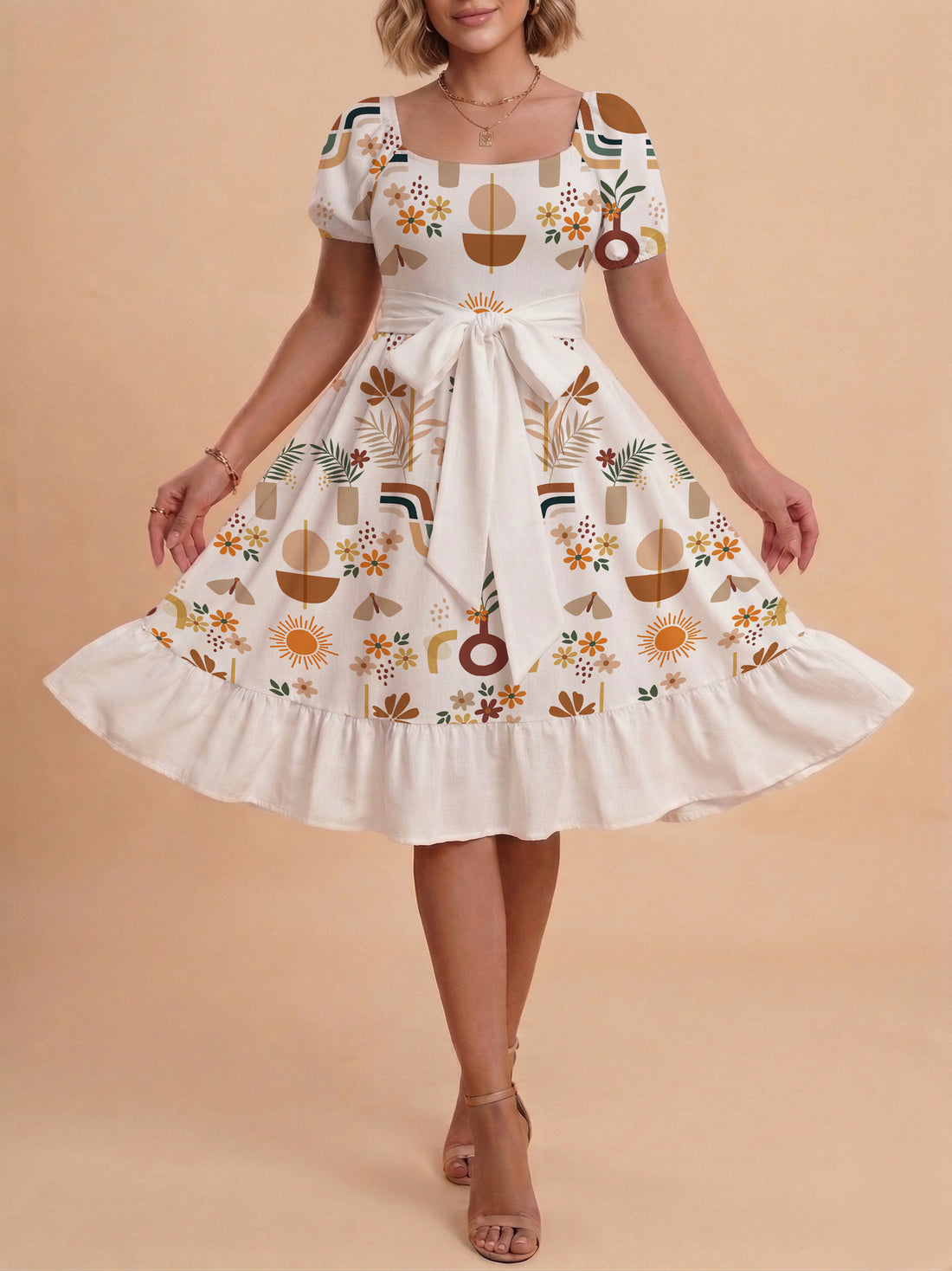 Damen Sommerkleid mit floralem Puffärmel und taillierbarem Gürtel – Lunéa