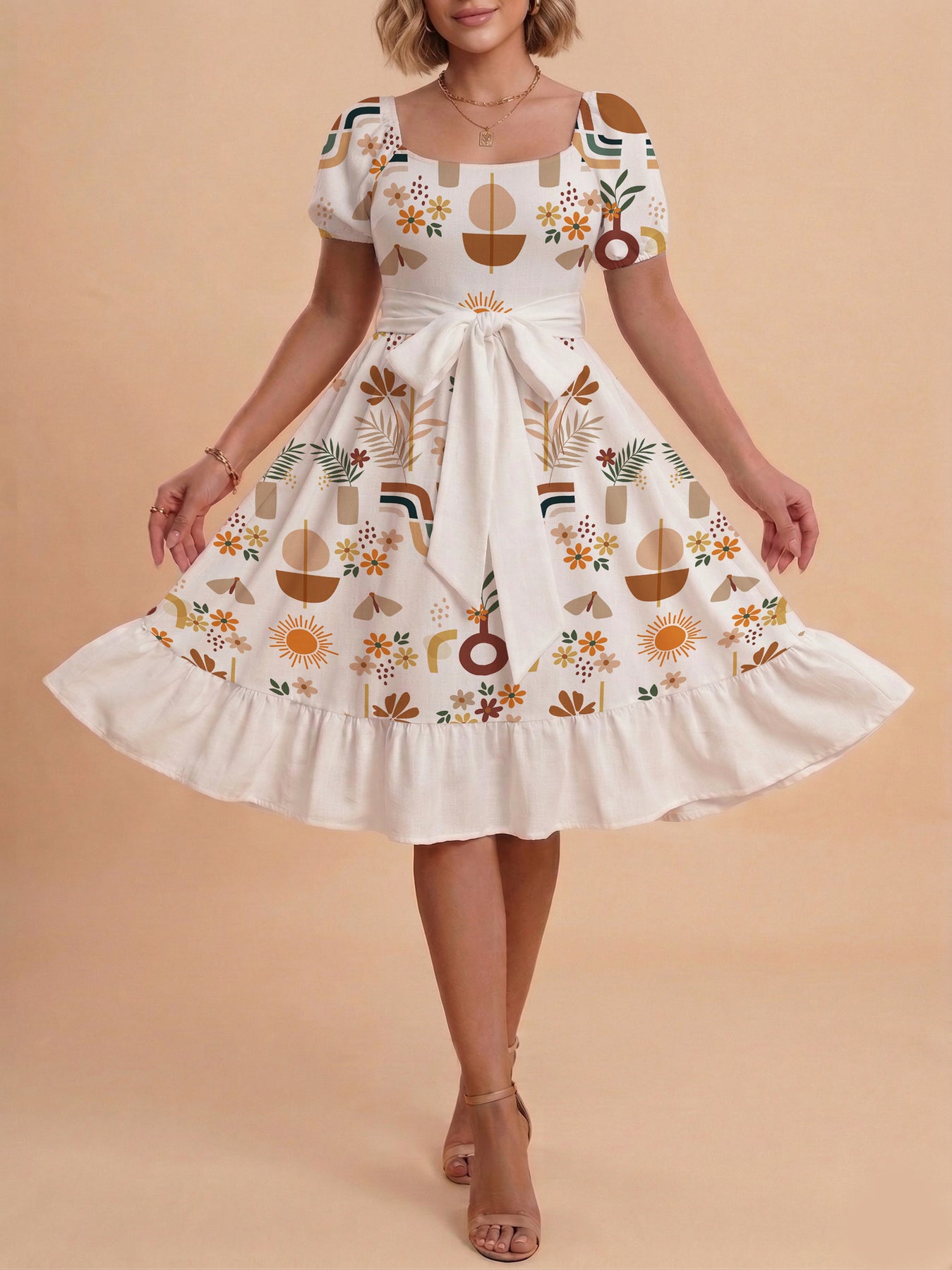 Damen Sommerkleid mit floralem Puffärmel und taillierbarem Gürtel Echo Archiv