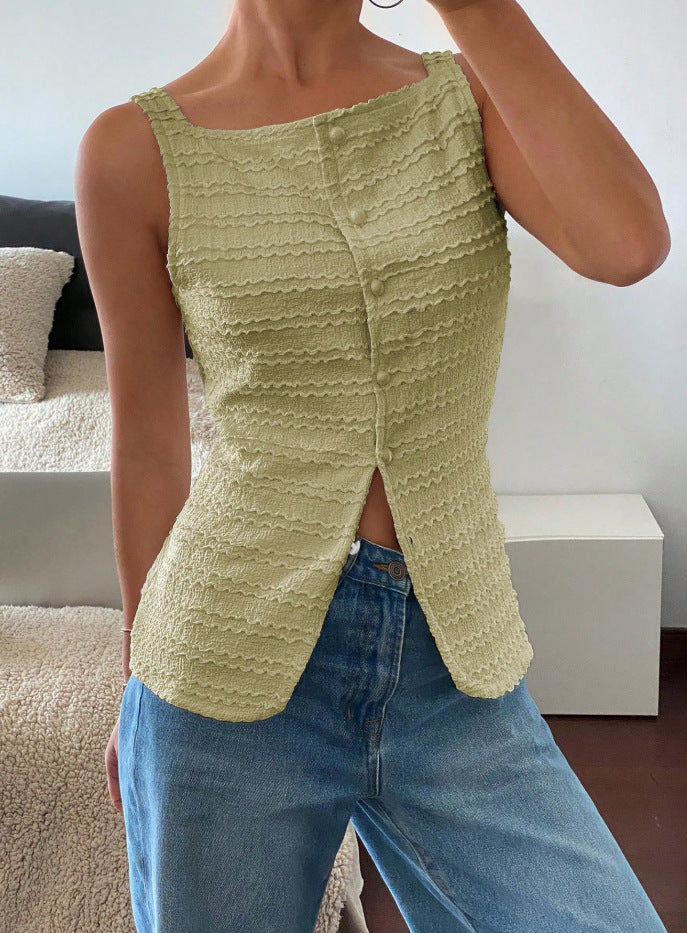 Damen Ärmelloses Struktur-Top mit Zierknopfleiste und Vorder‑Schlitz Echo Archiv
