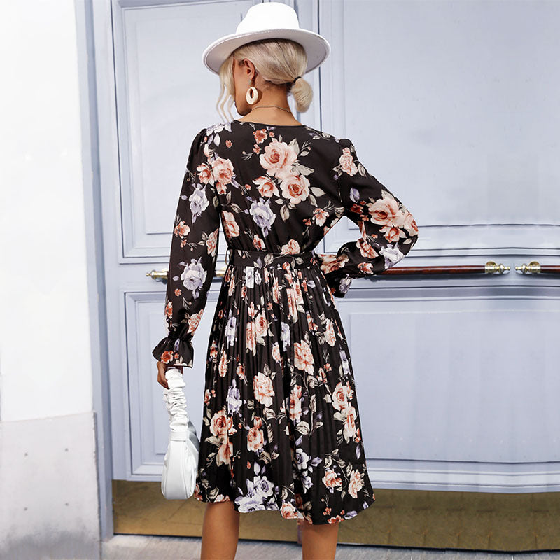 Damen Blumen-Midikleid mit V-Ausschnitt, plissiertem Rock und Taillengürtel Echoarchiv