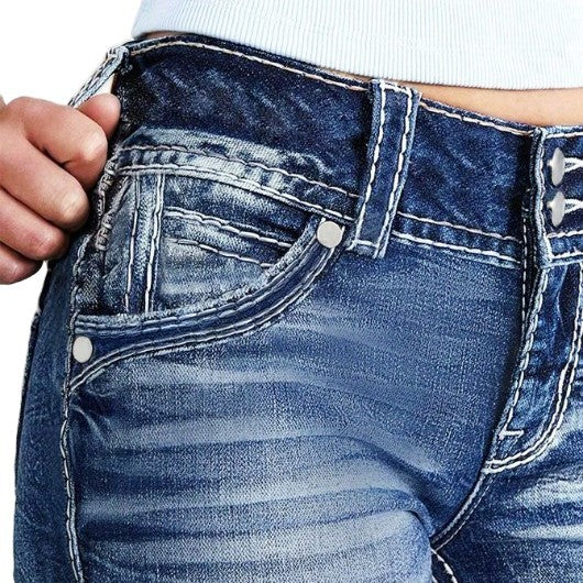 Damen Hochbund-Bootcut-Jeans mit formendem Bund und sichtbarer Knopfleiste Echo Archiv