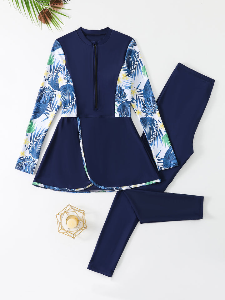 Damen Modisches Schwimmanzug-Set mit floralem Design und langem Arm Echo Archiv