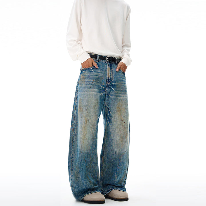 Herren Ultraweite Denim-Baggyhose im Vintage-Look mit Farbpatina und tiefem Schritt Echo Archiv
