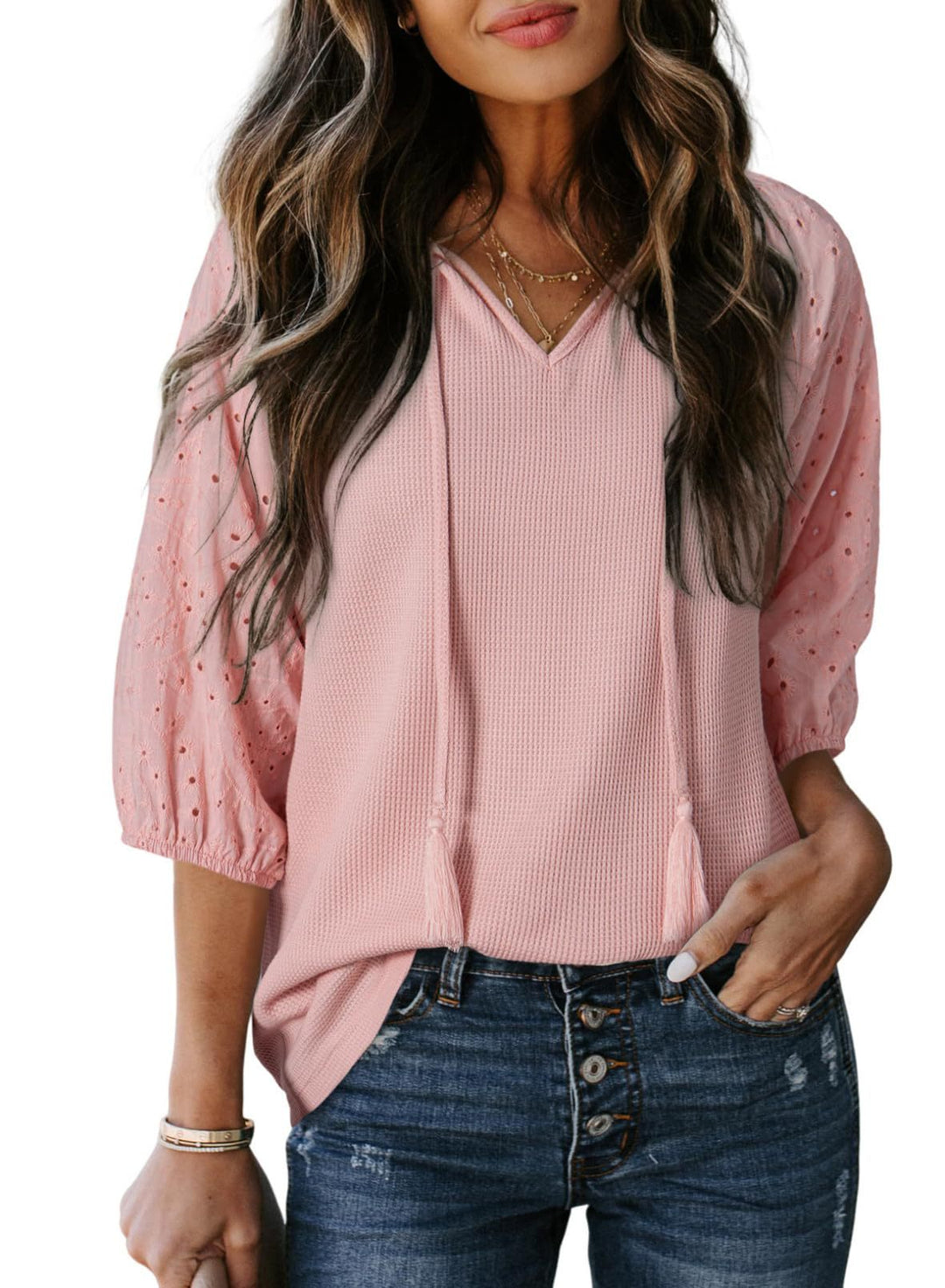 Damen Waffelshirt mit V‑Ausschnitt, Quasten und bestickten Puffärmeln Echo Archiv