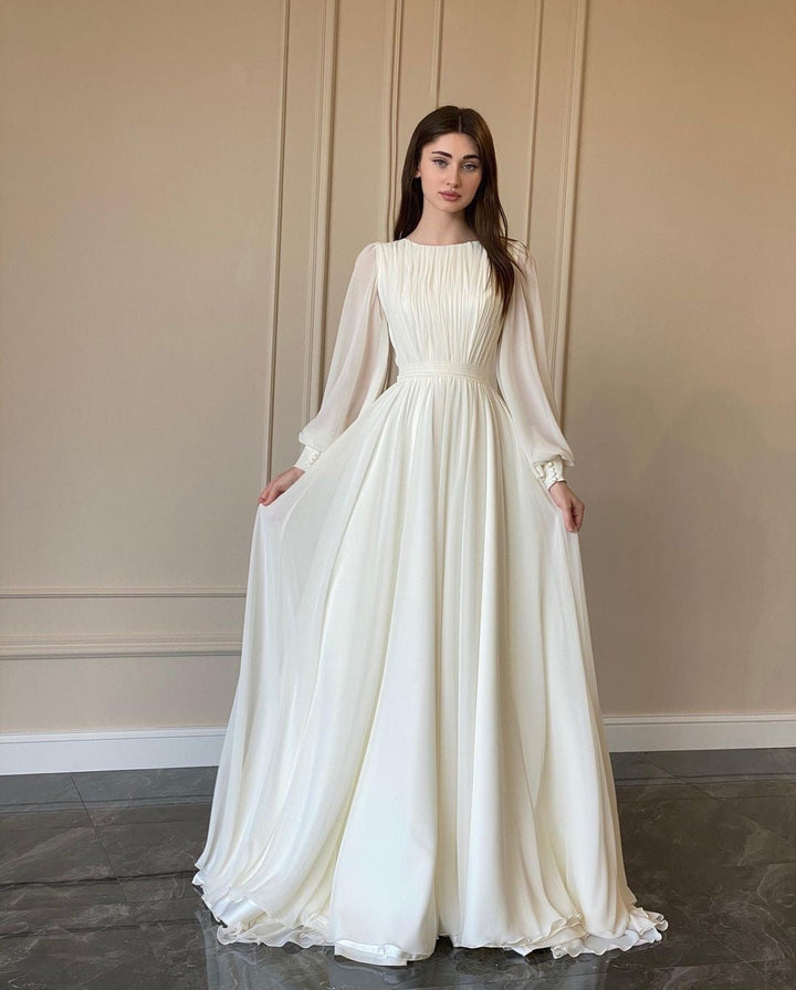 Echoarchiv | Durchsichtiges Weißes Hochzeitskleid Rundhalsausschnitt Lange Ärmel Kleid