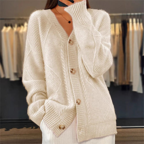 Damen nan Oversize Strickcardigan mit Zopfmuster V-Ausschnitt und Perlmuttknöpfen Echo Archiv
