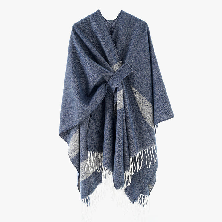 Damen Wollmix-Capeponcho mit Bindeschlaufen, weichgewebtem Oversize-Überwurf und Fransensaum – Avérine