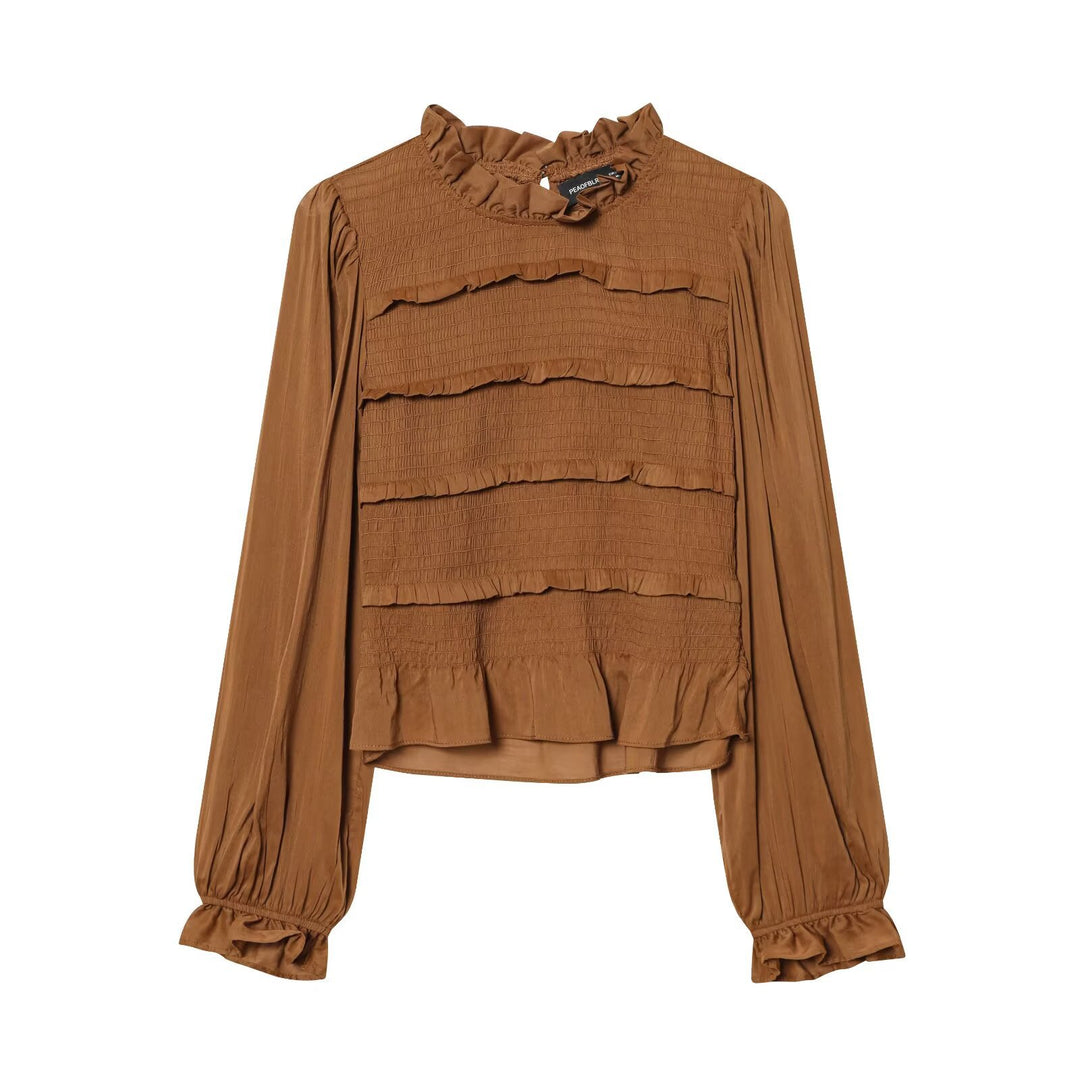 Damen Rüschenbluse mit smock‑Tiers, Stehkragen und weiten Ballonärmeln Echo Archiv