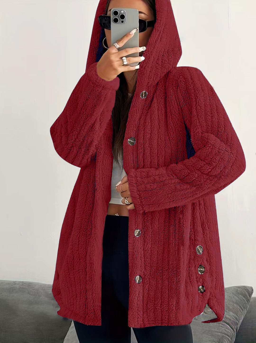 Damen Kapuzen-Teddy-Mantel mit Knopfleiste und Oversize-Schnitt Echo Archiv