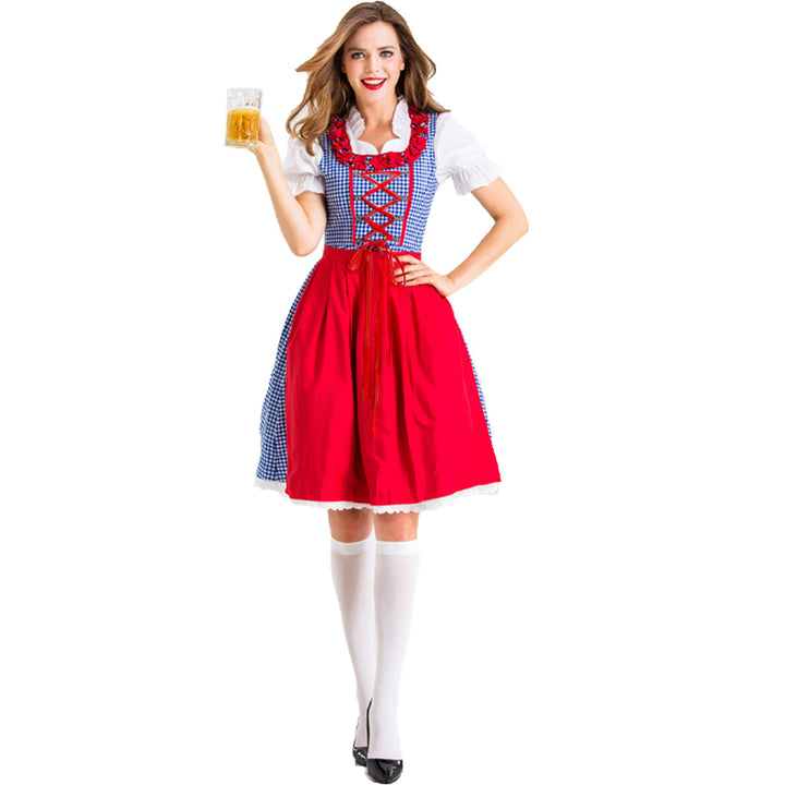 Damen nan Karo-Dirndl mit geschnürter Miederfront, Rüschenkragen und taillierter Schürze Echo Archiv