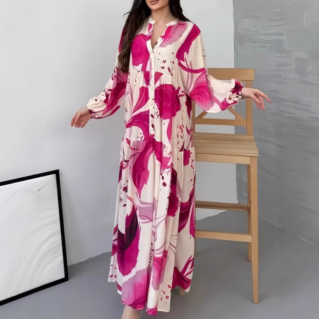 Damen Fließendes Stufenkleid mit Stehkragen, Ballonärmeln und Knopfleiste – Valéora