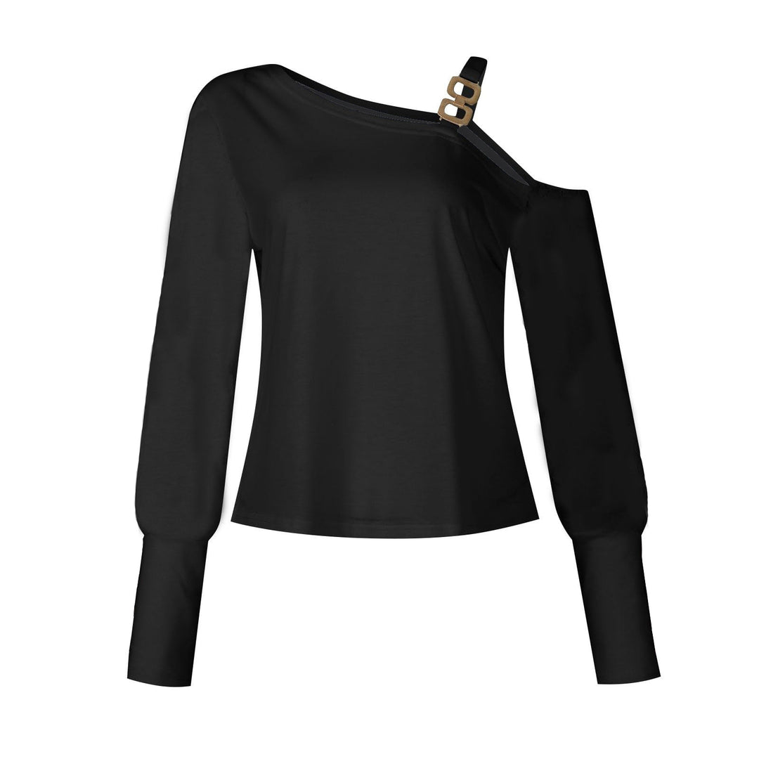 Damen Asymmetrisches Off-Shoulder Shirt mit Ziergurt und Ballonärmeln – Avérine