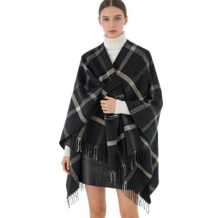 Damen Oversize-Capeponcho aus Wollmix mit Bindegürtel, Fransen und großem Karomuster Echo Archiv