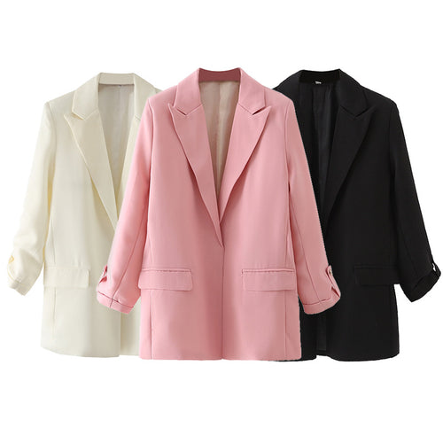 Damen lang geschnittener Oversize-Blazer mit weitem Revers aufgesetzten Pattentaschen und krempelbaren Ärmeln – Valéne