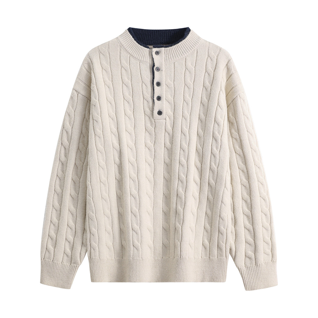 Unisex Oversize Zopfstrick-Henley-Pullover mit Knopfleiste und geripptem Saum Echoarchiv