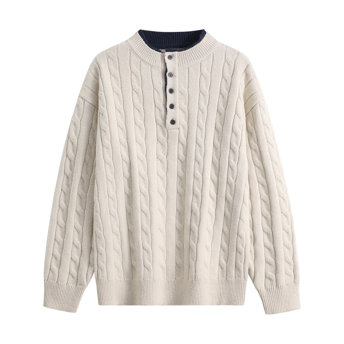 Unisex Oversize Zopfstrick-Henley-Pullover mit Knopfleiste und geripptem Saum Echoarchiv