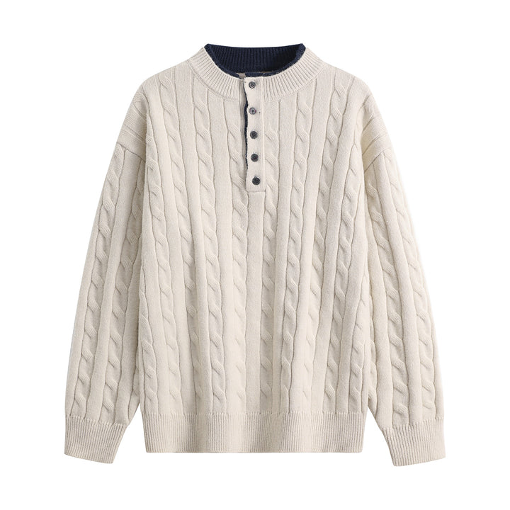Unisex Oversize Zopfstrick-Henley-Pullover mit Knopfleiste und geripptem Saum Echoarchiv