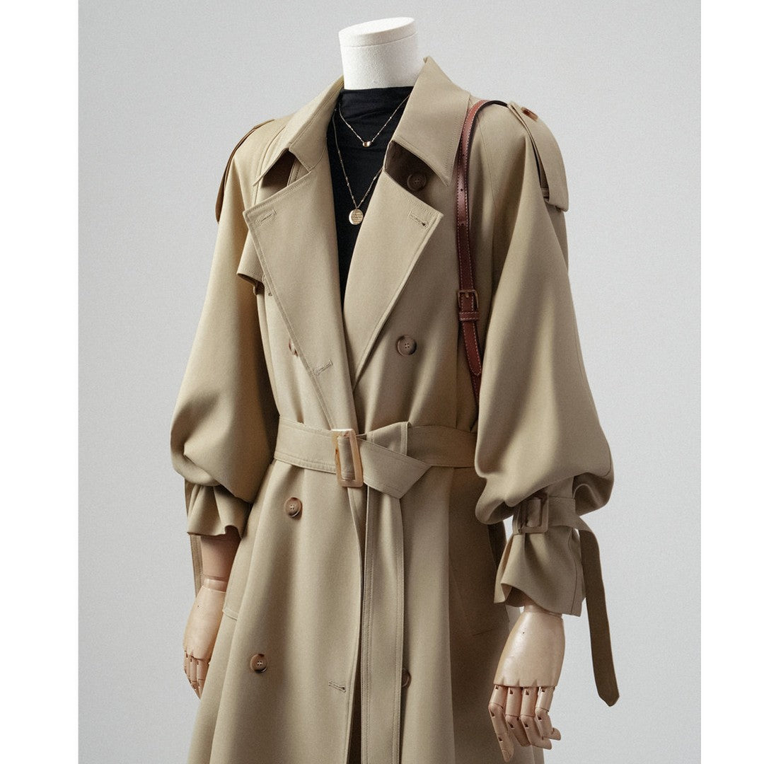Damen Langer Doppelreihiger Trenchcoat mit Schalkragen, Oversize-Schnitt und verdecktem Taillenband Echoarchiv