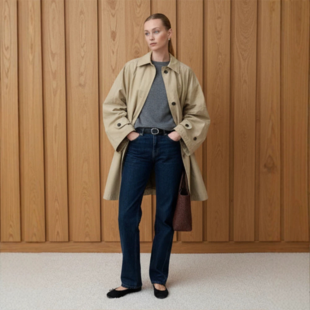 Damen Oversize Baumwoll-Mix Trenchcoat mit mittellangem, geradem Schnitt Echoarchiv