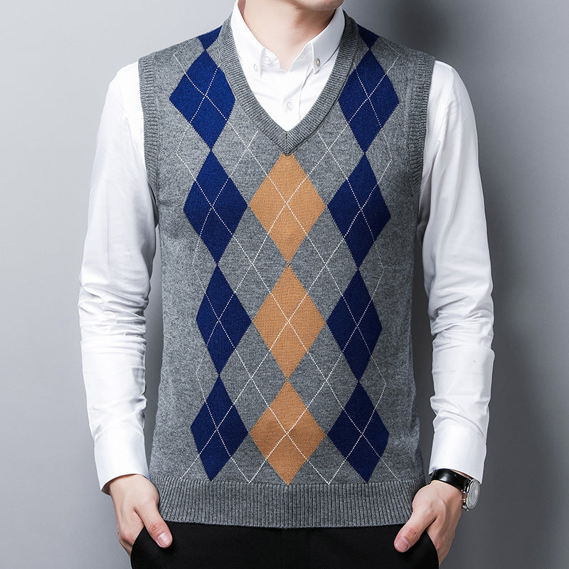 Herren klassischer V-Ausschnitt Strickpullover mit Rautenmuster Echoarchiv
