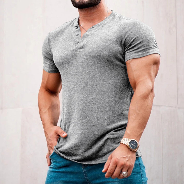 Herren Kurzarm-Henley-T-Shirt aus atmungsaktiver Baumwolle mit dekorativer Knopfleiste Echoarchiv
