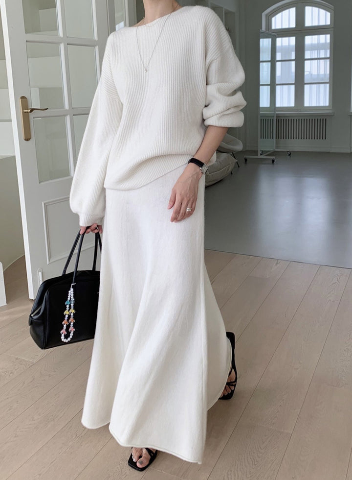 Damen Strick-Set aus Oversize-Ripp-Pullover und fließendem Maxirock Echoarchiv