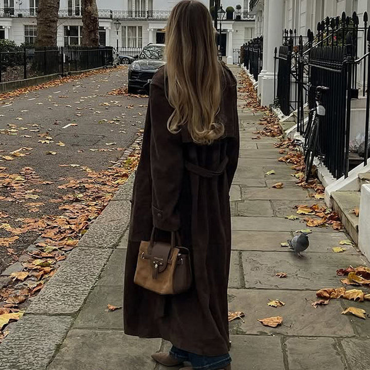 Damen Langschnitt Wildleder-Trenchcoat mit Oversize-Kragen und Bindegürtel Echoarchiv