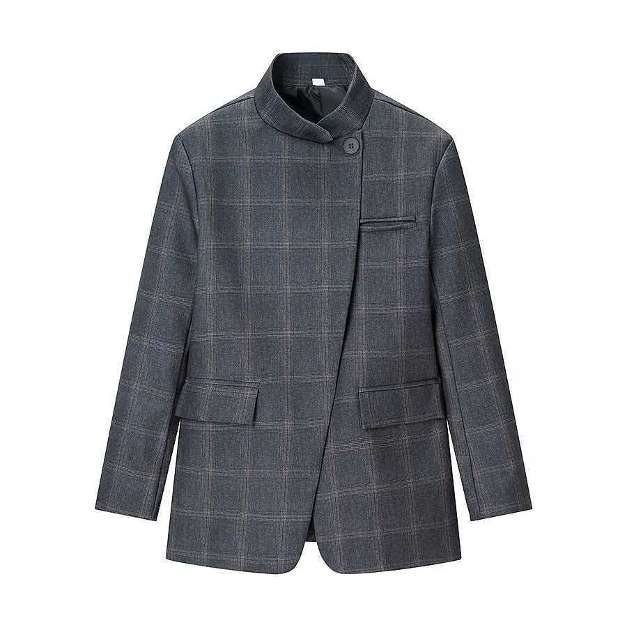 Damen nan taillierter Karo-Mantelblazer mit Stehkragen, asymmetrischer Knopfblende und Pattentaschen Echo Archiv