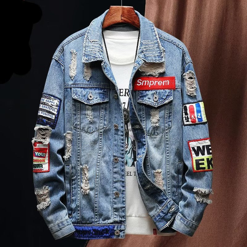 Herren Lässige Denimjacke mit kreativen Applikationen Echoarchiv
