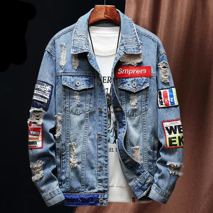 Herren Lässige Denimjacke mit kreativen Applikationen Echoarchiv