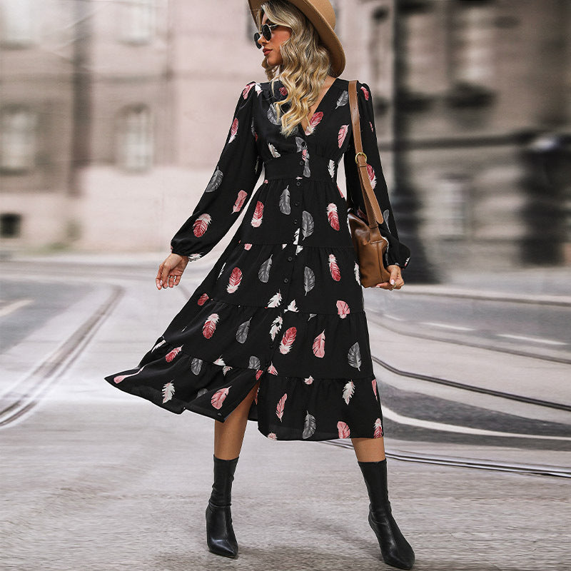 Damen Langarm Kleid mit Federprint Echo Archiv