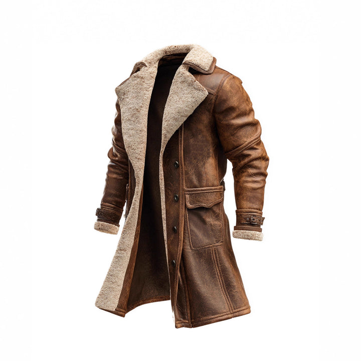 Herren nan langer vintage Biker-Ledermantel mit durchgehendem Sherpa-Futter, Pattentaschen und verstellbaren Schnallenmanschetten Echo Archiv