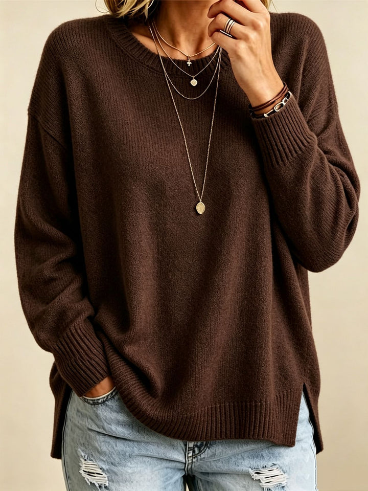 Damen Locker geschnittener Rundhals-Feinstrickpullover mit Seitenschlitzen und gerippten Bündchen – Mavelle